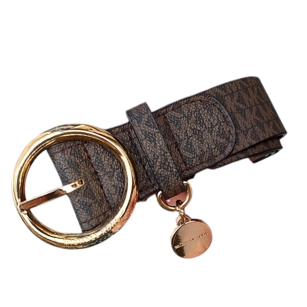 Michael Kors Brown Monogram Belt with Gold Round Buckle and Charm